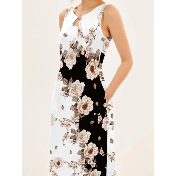 Vestido longo casual sem mangas com estampa de flores, novo vestido feminino com decote em V, vestido estampado, estilo boêmio, retrô. - Image 3