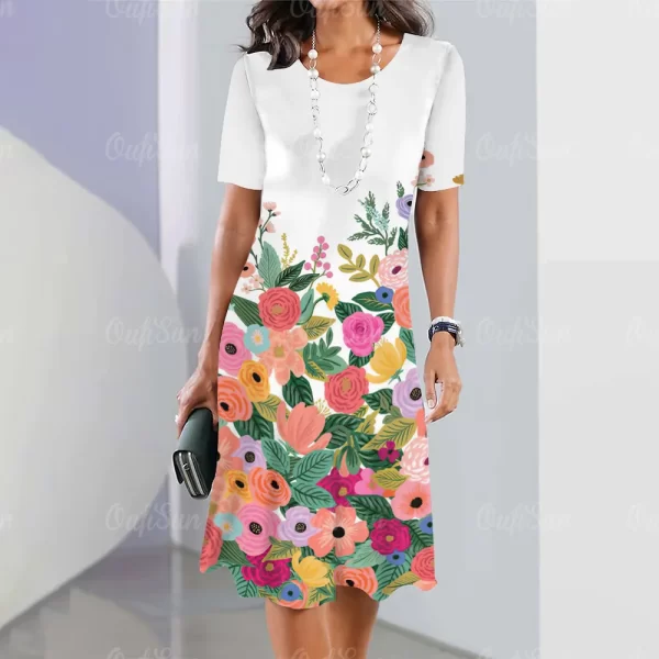 Vestidos femininos e elegantes, manga curta casual, solto em linha, se ajusta ao corpo com simplicidade, estilo flores coloridas. - Image 5