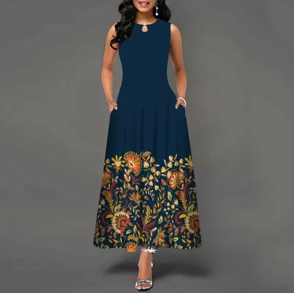 Vestido longo casual sem mangas com estampa de flores, novo vestido feminino com decote em V, vestido estampado, estilo boêmio, retrô. - Image 6