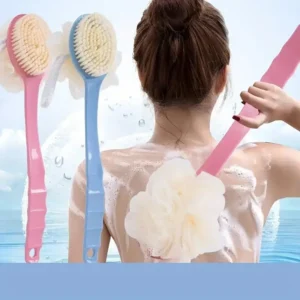 Escova de banho corporal com bucha macia e cerdas para mulheres e homens - Escova de chuveiro com cabo longo e curvado para lavagem do corpo, rosto.