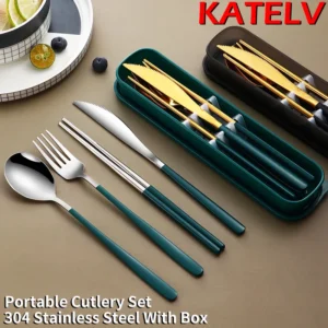 Conjunto de Talheres em Aço Inoxidável 304 de Alta Qualidade – Kit Portátil com Faca, Garfo e Colher para Viagem (Inclui Estojo)